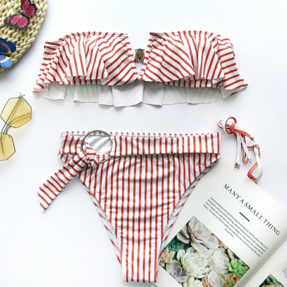 HIGH WAISTED STRIPED RUFFLE BANDEAU BIKINI Set - Picture 4 of 7